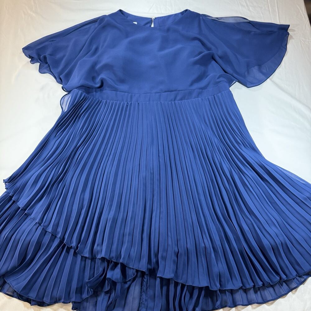 JJ’s House Blue Pleated Chiffon Midi Dress Flutter Sleeve Layered Formal